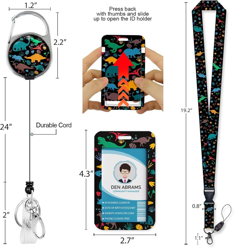 Piefly Lanyards for Id Badges, Cute Badge Holder with Retractable Badge Reel Clip, Dinosaur Work Card Name Tag Keychain Lanyard Vertical ID Card Protector for Women Nurse Doctor Teacher Student - Image 5